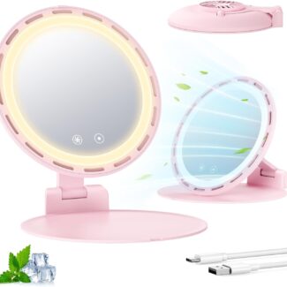 Gospire Foldable Lighted Makeup Mirror with Fan, 3 Speed Cooling Fan, 3 Color Dimmable Lighting, Portable Travel Mirror with Adjustable Stand, Rechargeable LED Vanity Mirror for Bedroom Tabletop, Pink